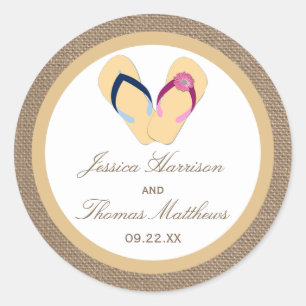 The Flip-Flop Sand Beach Burlap Wedding Collection Classic Round Sticker