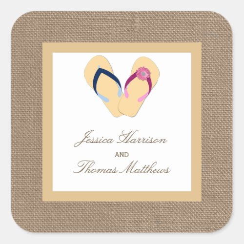 The Flip_Flop Sand Beach Burlap Wedding Collection Square Sticker