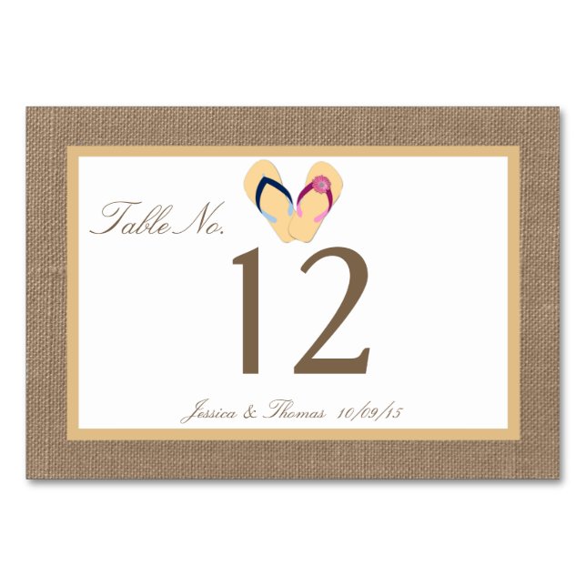 The Flip-Flop Sand Beach Burlap Wedding Collection Table Number (Front)