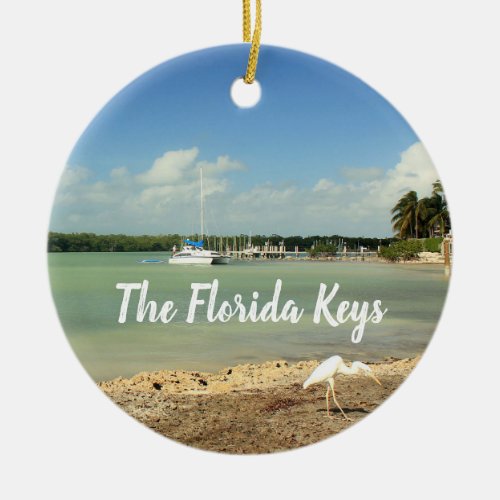 The Florida Keys photo scene with boat and gert Ceramic Ornament