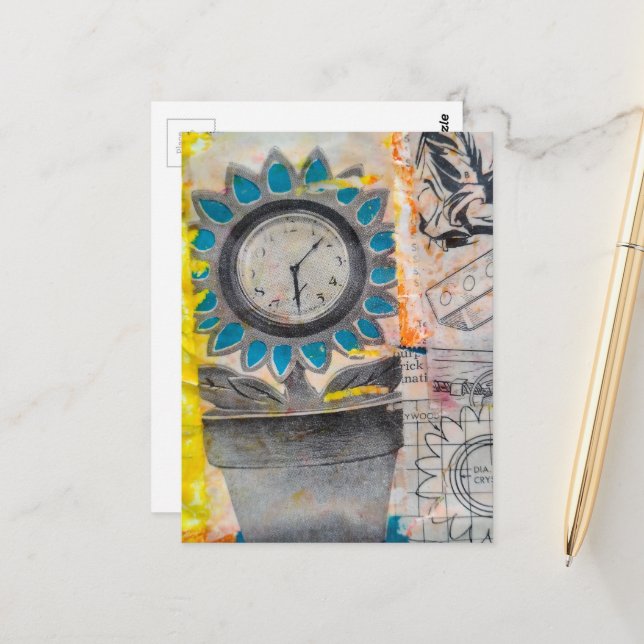 The Flower Clock Plans Mixed Media Collage Postcard (Front/Back In Situ)