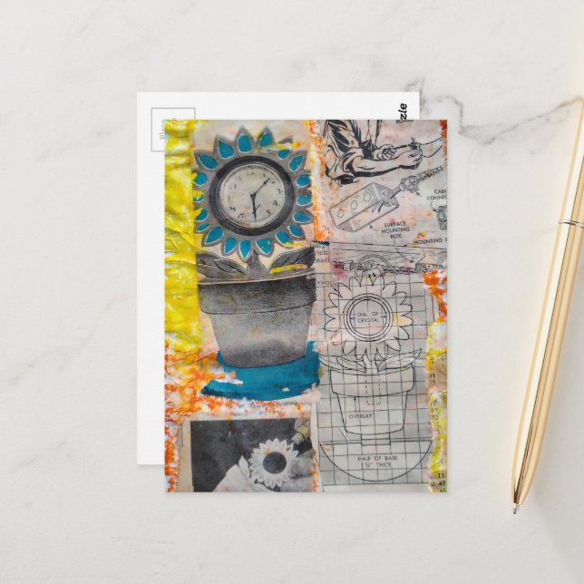 The Flower Clock Plans Retro Mixed Media Collage Postcard (Front/Back In Situ)
