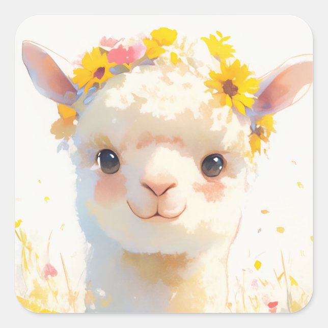 The Flower Crowned Alpaca Square Sticker (Front)