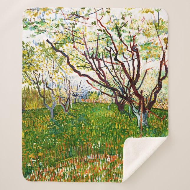 The Flowering Orchard (1888) by Vincent Van Gogh Sherpa Blanket (Front)