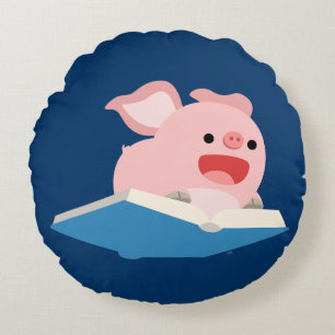 The Flying Book and Cartoon Pig Round Pillow