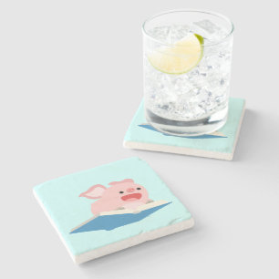 The Flying Book and Cartoon Pig Stone Coaster