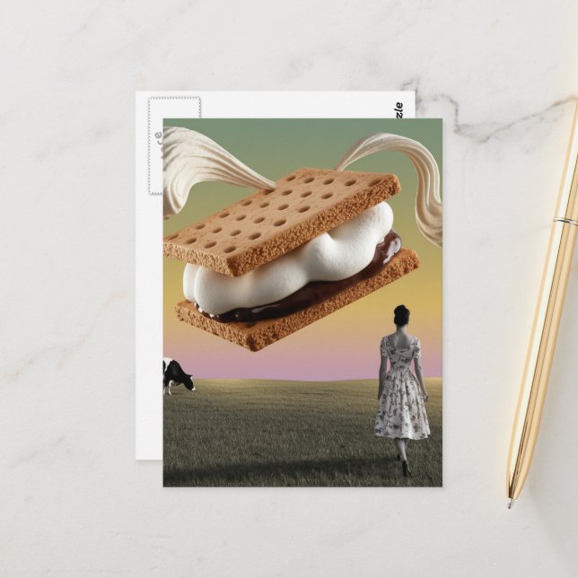 The flying chocolate marshmellow cracker dessert postcard (Front/Back In Situ)