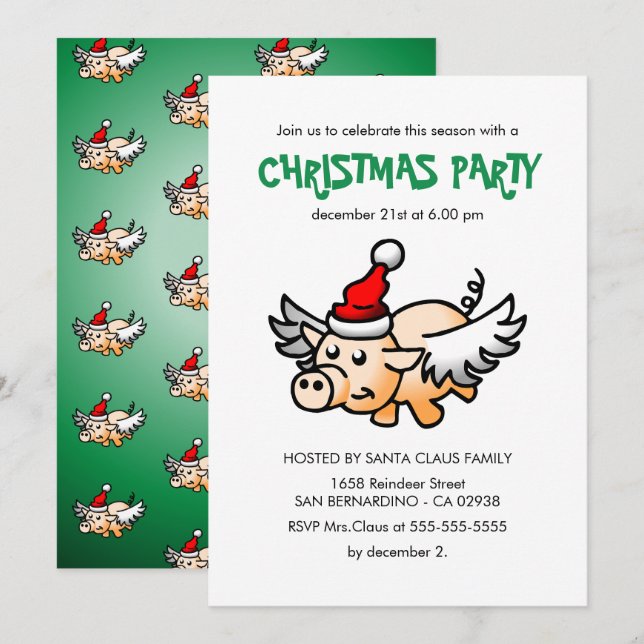 The Flying Christmas Pig Party Invitation (Front/Back)