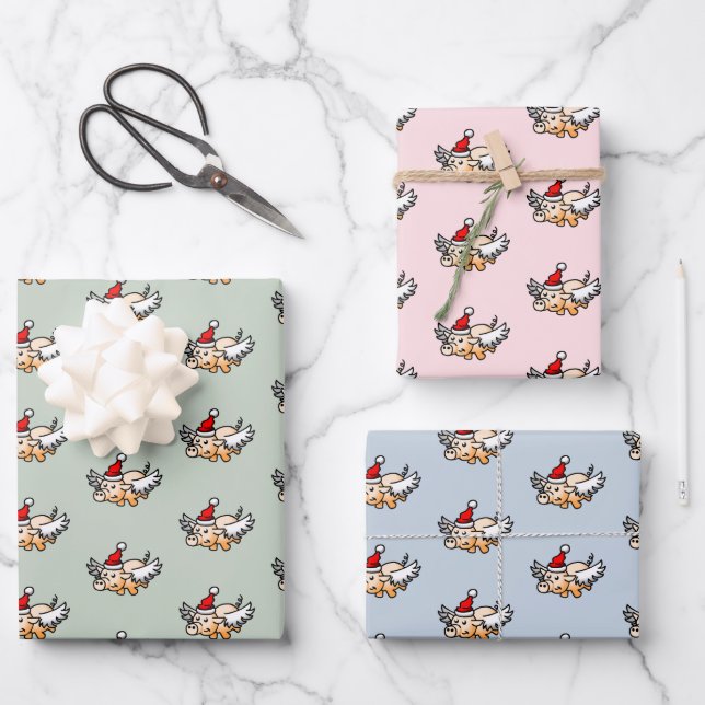 The Flying Christmas Pig Wrapping Paper Sheets (Front)