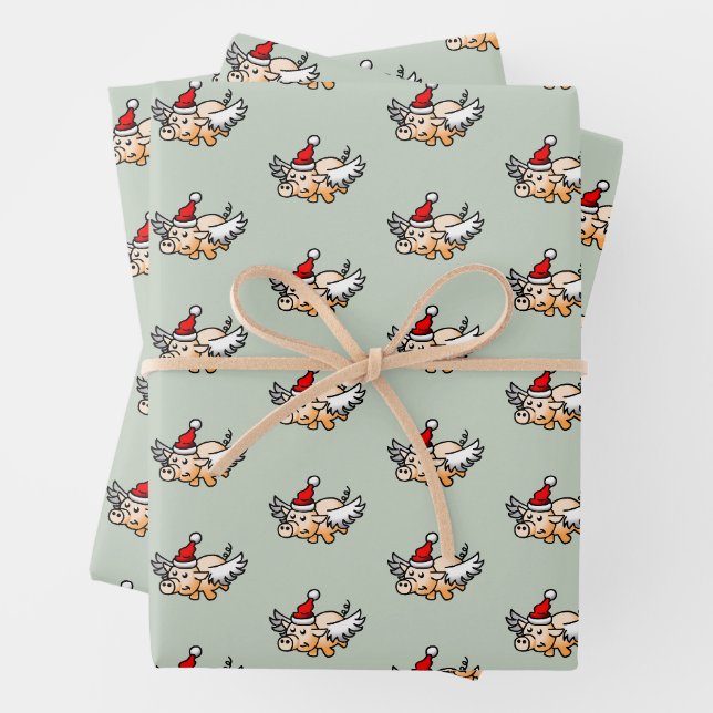 The Flying Christmas Pig Wrapping Paper Sheets (In situ)