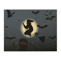 the flying witch halloween scene wood wall art