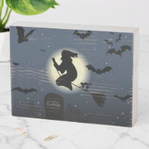the flying witch halloween scene wooden box sign