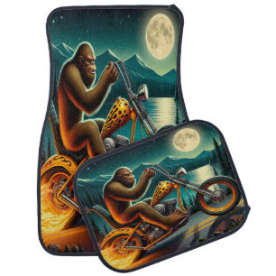 The forest lights up as Bigfoot rides a fiery moto Car Floor Mat