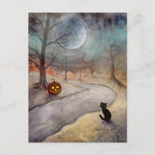 The Forgotten Path Halloween Black Cat and Pumpkin Postcard