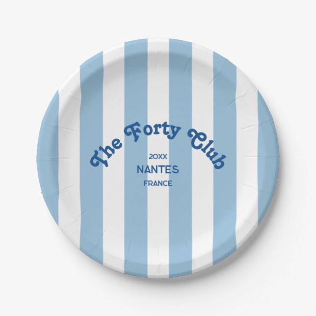 The Forty Club Blue Stripe 40th Birthday Round Paper Plates (Front)