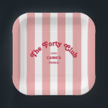 The Forty Club Pink Cabana Stripe 40th Birthday  Paper Plates<br><div class="desc">Elevate your 40th birthday celebration with The Forty Club Pink Cabana Stripe Party Paper Plates, featuring bold red retro lettering set against chic pink cabana stripes, these customizable plates are perfect for elevating your 40th birthday decor, adding a fun, coastal vibe these plates can be fully personalized with your custom...</div>