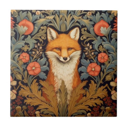 The fox and red flowers art nouveau style ceramic tile