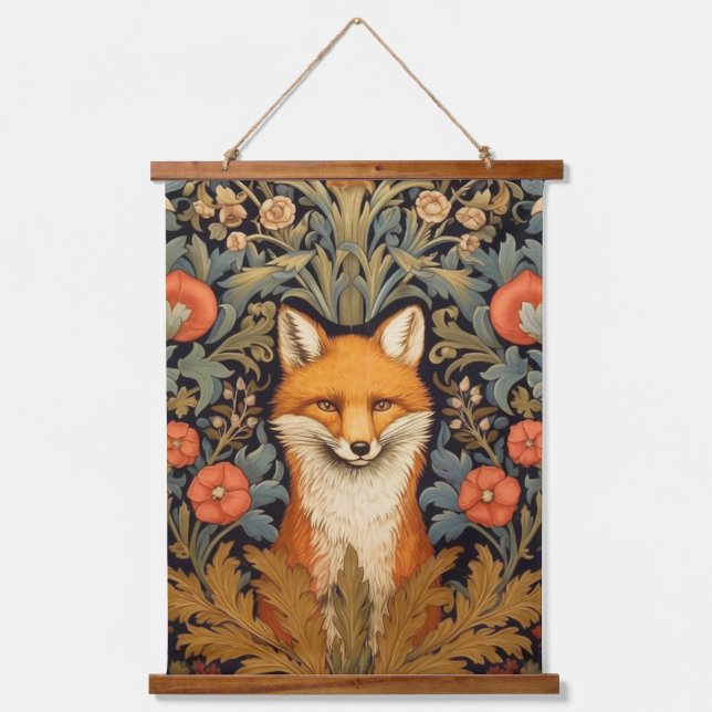 The fox and red flowers art nouveau style hanging tapestry (Front)