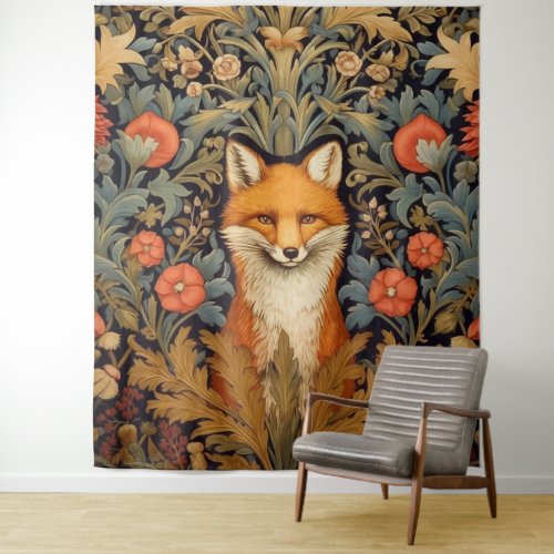 The fox and red flowers art nouveau style tapestry