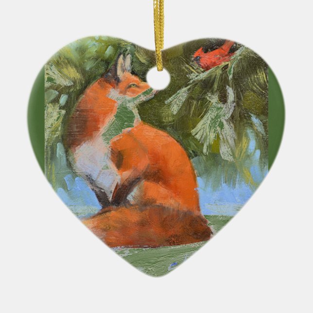 The Fox and the Cardinal Ceramic Ornament (Front)