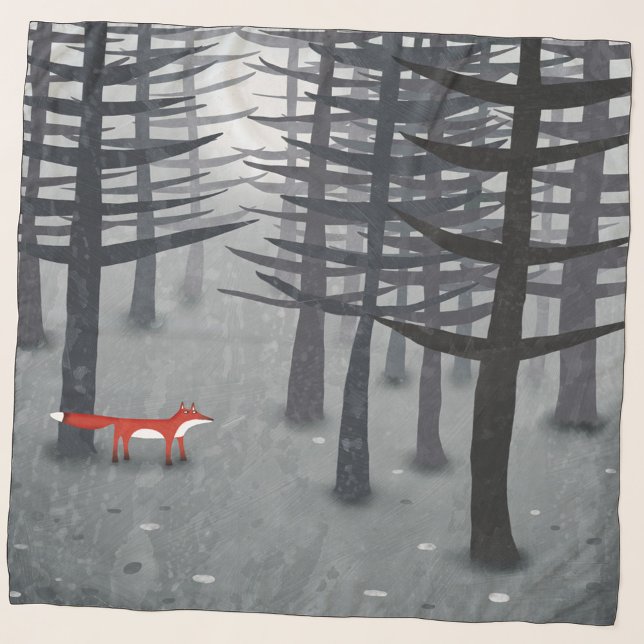 The Fox and the Forest Scarf (Fox in a forest gray and red art scarf)