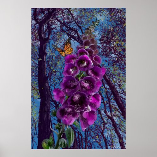 The foxglove with butterfly in the woods painting poster