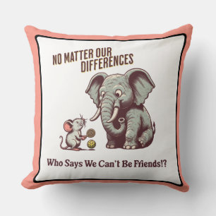 The Friendly Elephant and Mouse Throw Pillow