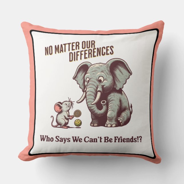 The Friendly Elephant and Mouse Throw Pillow (Front)