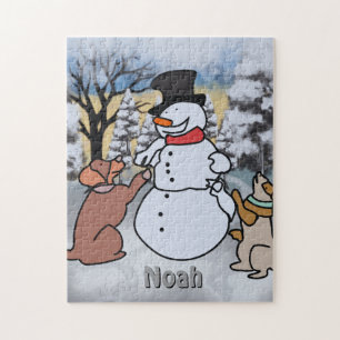 The friendship of snowman, dog and cat funny jigsaw puzzle