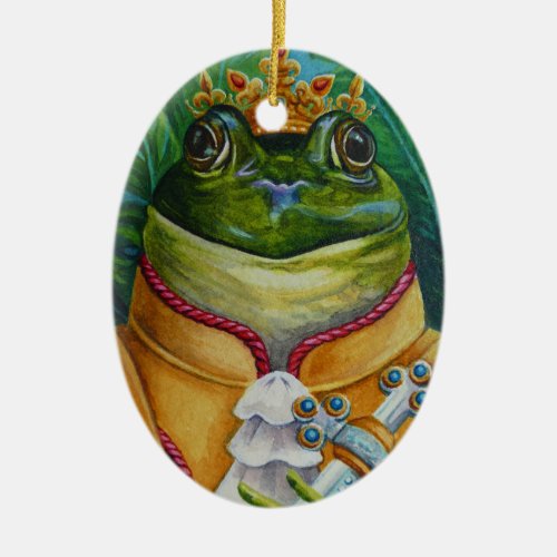 The Frog Prince with Crown  Sword Watercolor Art Ceramic Ornament