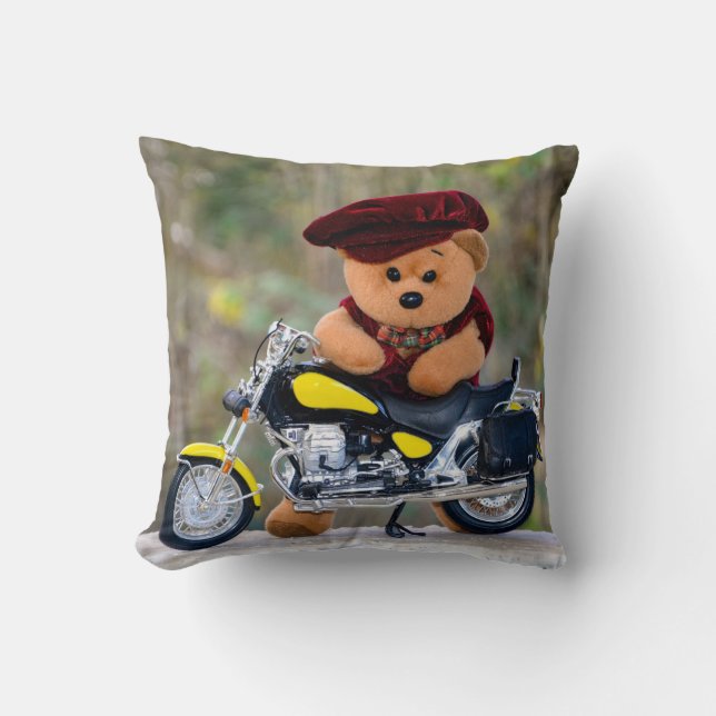 The funny biker teddybear  - throw pillow (Front)