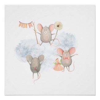 The Funny Mice Watercolor Nursery Poster Print