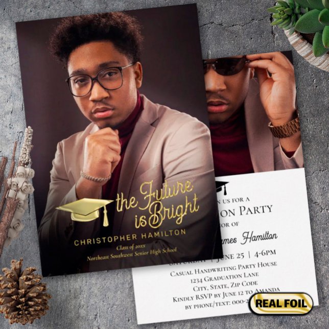 The Future is Bright Gold Script Photo Graduation Foil Invitation (Creator Uploaded)