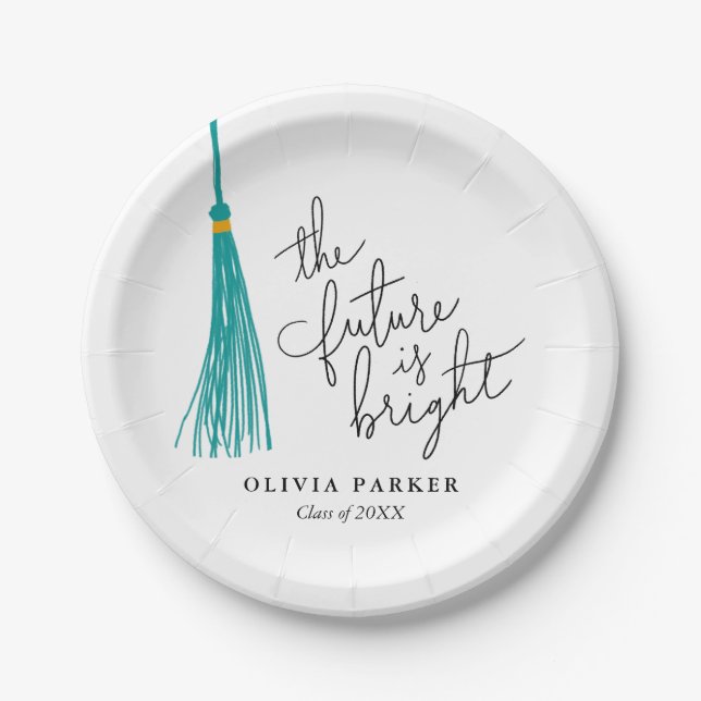 The Future Is Bright Grad Party Green Tassel Paper Plates (Front)