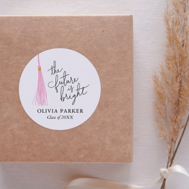 The Future Is Bright Graduation Light Pink Tassel Classic Round Sticker (Creator Uploaded)
