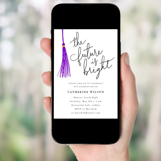 The Future Is Bright Purple Graduation Party Photo Invitation (Front Digital)