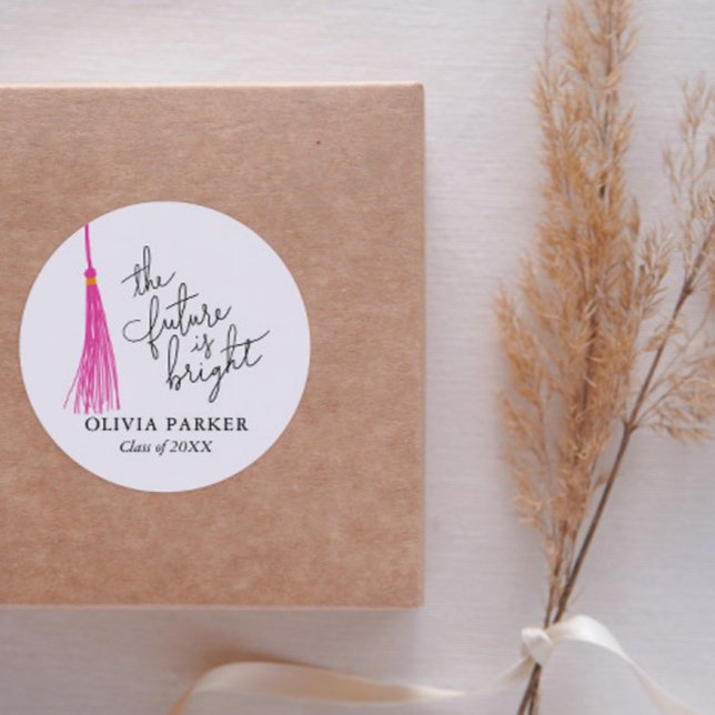 The Future Is Bright Quote Graduation Pink Tassel Classic Round Sticker (Creator Uploaded)