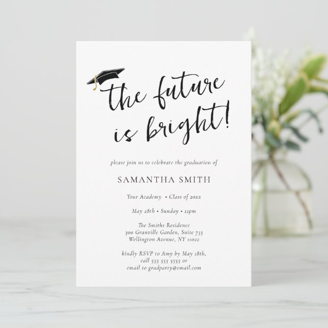 The Future Is Bright Script Graduation Cap Party Invitation (Standing Front)