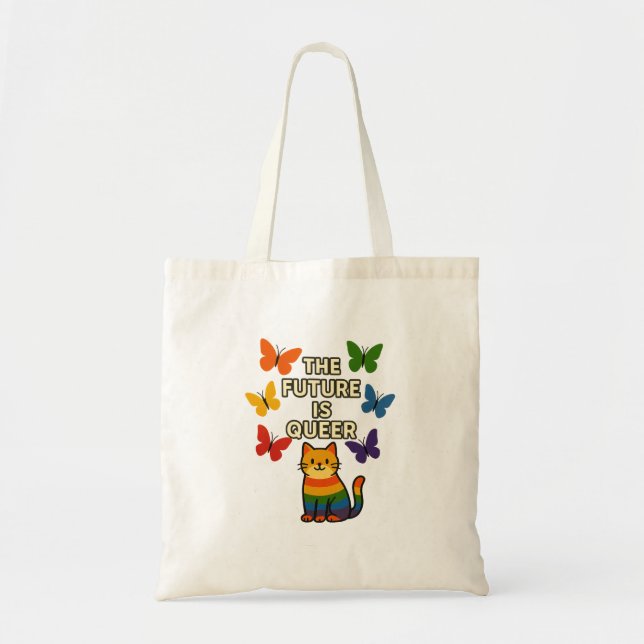 The Future Is Queer - Rainbow Cat & Butterflies Tote Bag (Front)