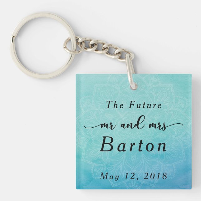The Future Mr & Mrs Typography Teal & Blue Mandala Keychain (Front)