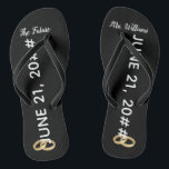 The Future Mrs Bridal Flip Flops with Wedding Date<br><div class="desc">These black and white bridal flip flops can be customized with the bride's future last name. The wedding flip flops says 'The future Mrs.' and have a place to enter the couple's wedding date. Each shoe also has pictured two gold wedding rings near the heel. Bridal flip flops make a...</div>