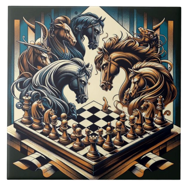 The game of knights – chess meets fantasy ceramic tile (Front)