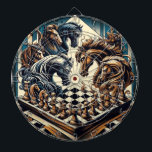 The game of knights – chess meets fantasy dart board<br><div class="desc">The design depicts a fascinating and imaginative chess scene in which horses with impressive manes and detailed armor are gathered over a chess board. The horses appear to be strategically involved in the game of chess, creating a strong symbolic connection to the knight in the game of chess. The style...</div>