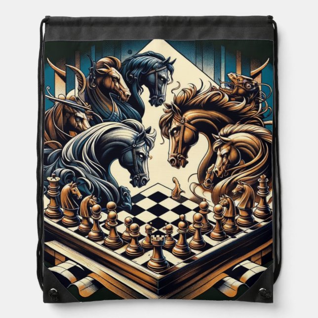 The game of knights – chess meets fantasy drawstring bag (Front)