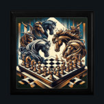 The game of knights – chess meets fantasy gift box<br><div class="desc">The design depicts a fascinating and imaginative chess scene in which horses with impressive manes and detailed armor are gathered over a chess board. The horses appear to be strategically involved in the game of chess, creating a strong symbolic connection to the knight in the game of chess. The style...</div>