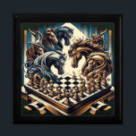 The game of knights – chess meets fantasy gift box<br><div class="desc">The design depicts a fascinating and imaginative chess scene in which horses with impressive manes and detailed armor are gathered over a chess board. The horses appear to be strategically involved in the game of chess, creating a strong symbolic connection to the knight in the game of chess. The style...</div>
