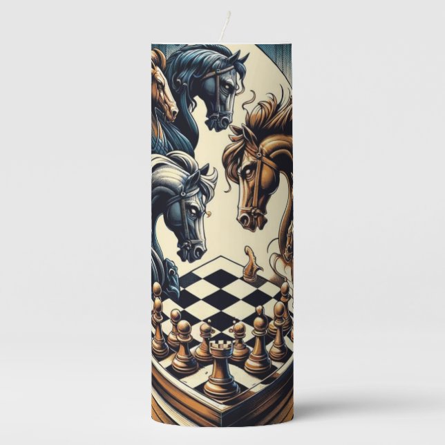 The game of knights – chess meets fantasy pillar candle (Front)