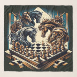 The game of knights – chess meets fantasy scarf<br><div class="desc">The design depicts a fascinating and imaginative chess scene in which horses with impressive manes and detailed armor are gathered over a chess board. The horses appear to be strategically involved in the game of chess, creating a strong symbolic connection to the knight in the game of chess. The style...</div>