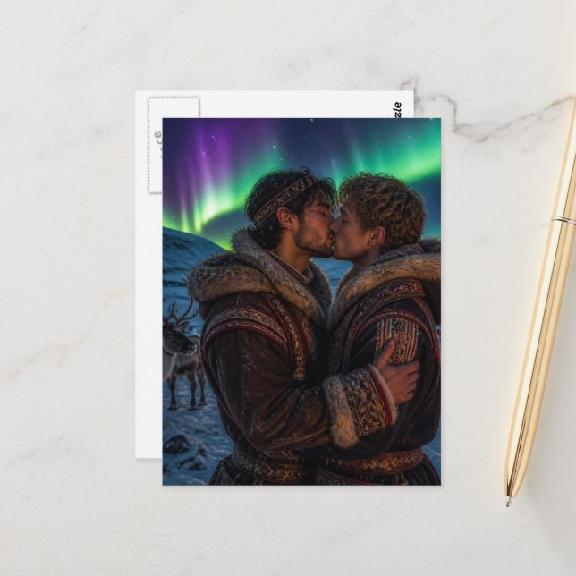 The Gay Men Kissing in the Northern Lights Postcard (Front/Back In Situ)