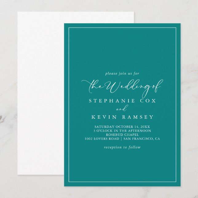 The Geometric Idyllic Teal Calligraphy Wedding Of  Invitation (Front/Back)